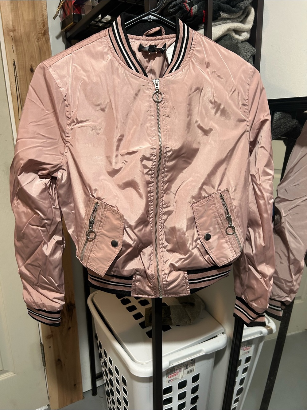 Womens Pink Satin Bomber Jacket with Stripe Trim